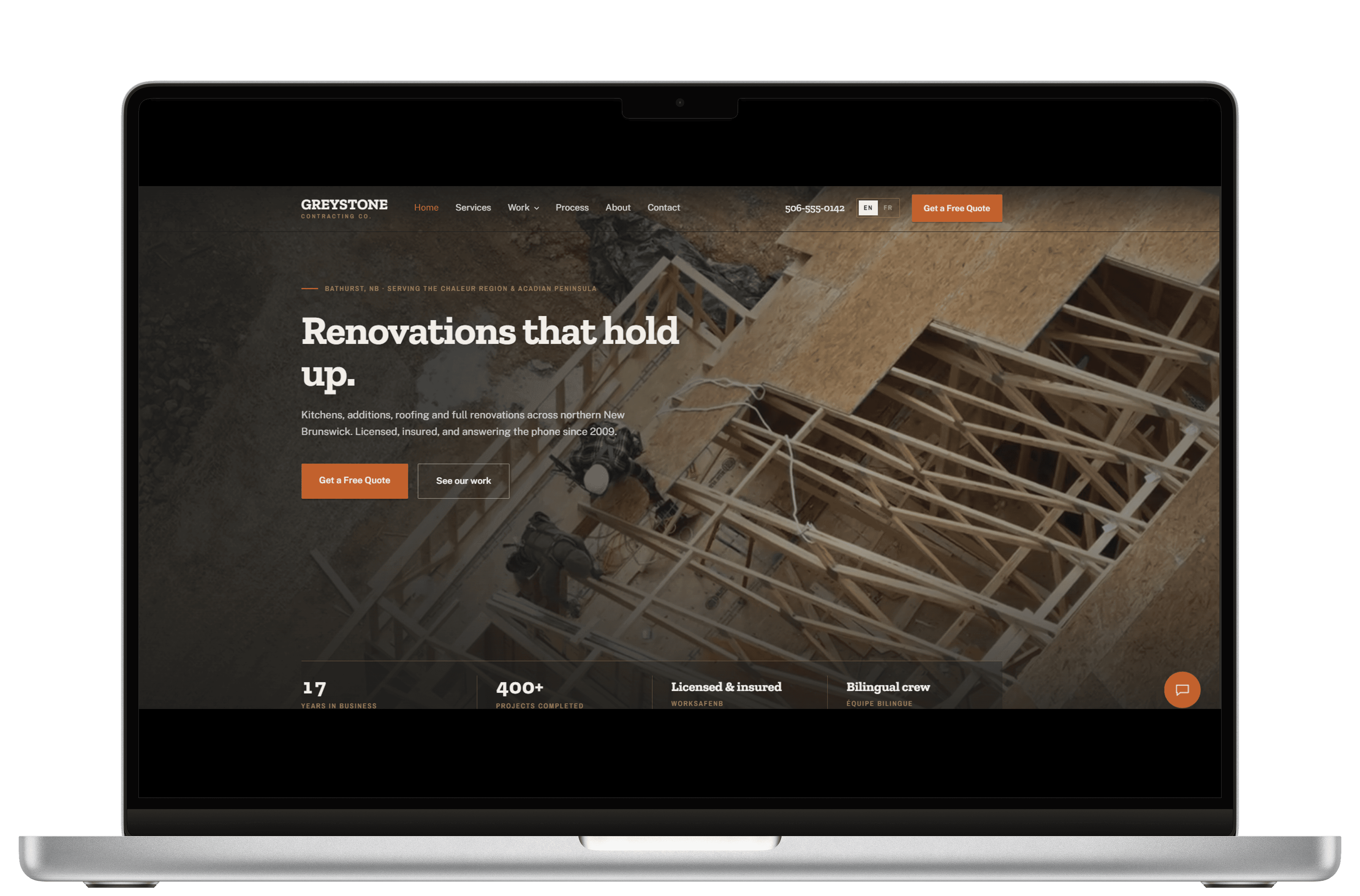 Greystone Contracting website displayed on MacBook mockup.