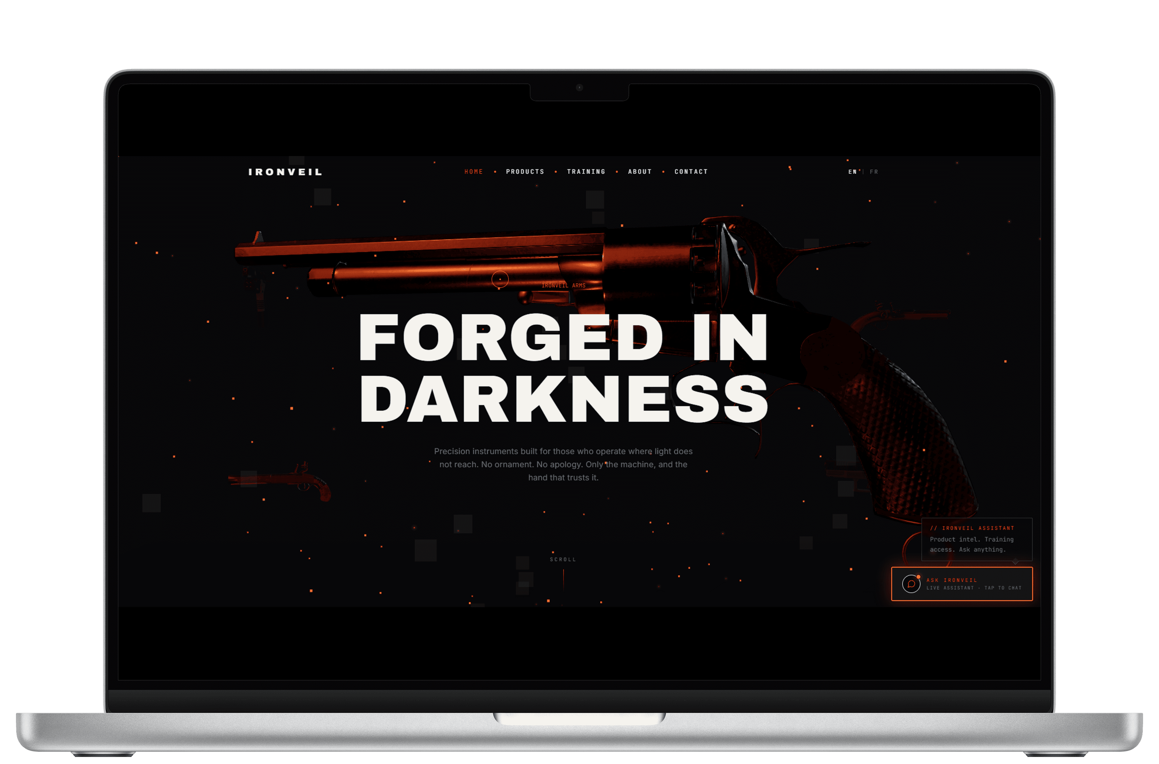 Ironveil Arms website displayed on MacBook mockup.