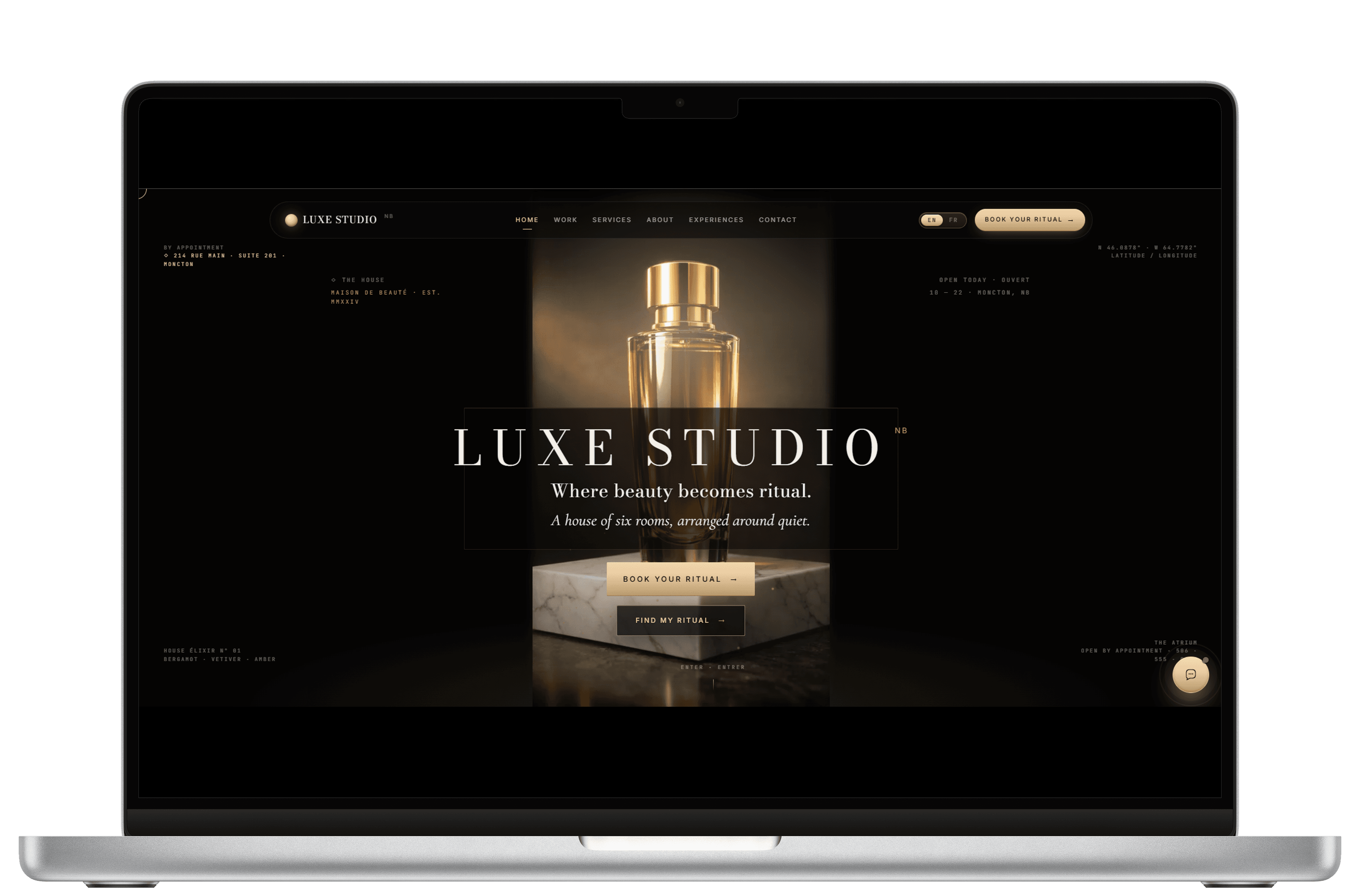 Luxe Studio NB website displayed on MacBook mockup.