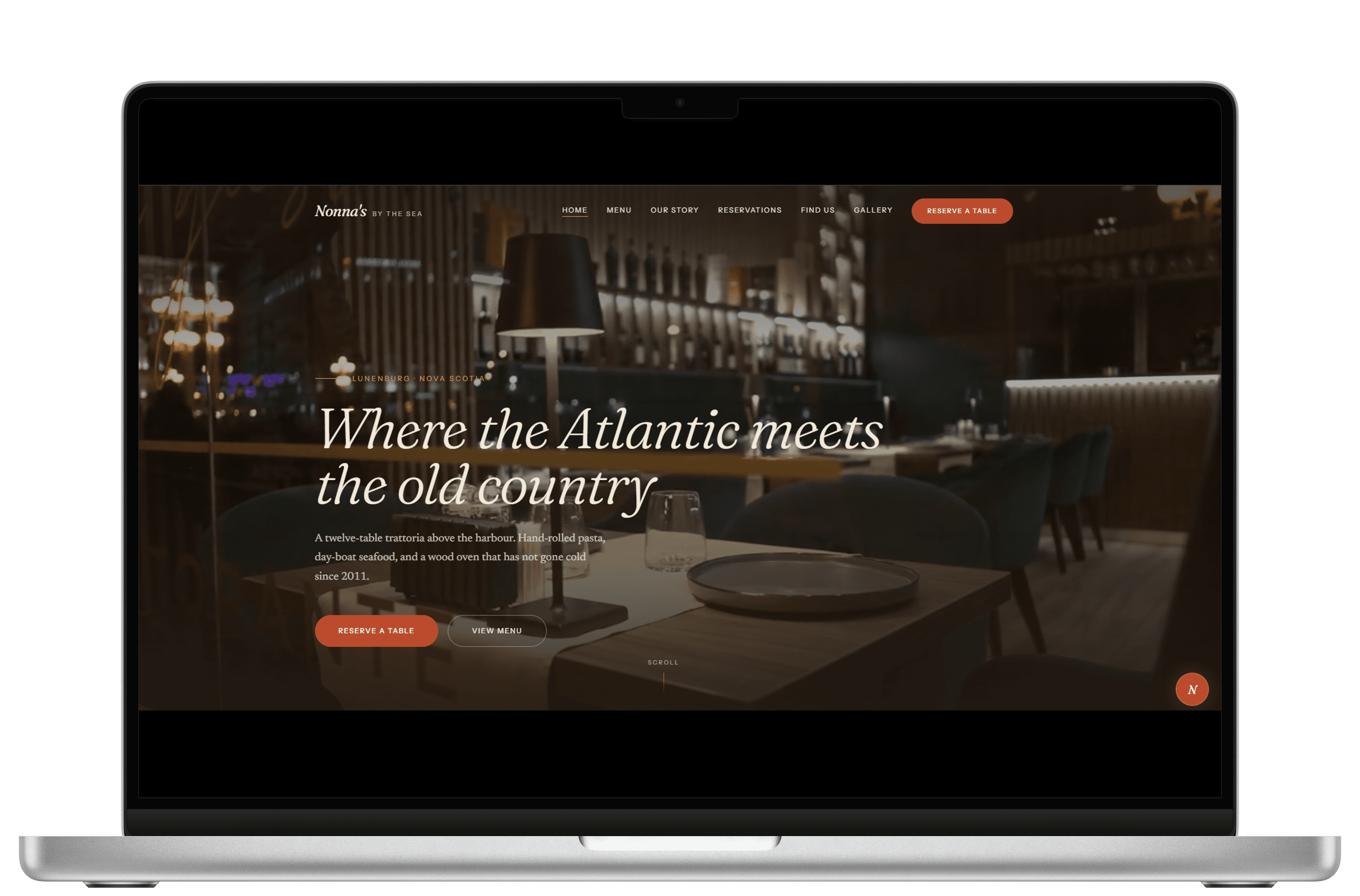 Nonna's by the Sea website displayed on MacBook mockup.